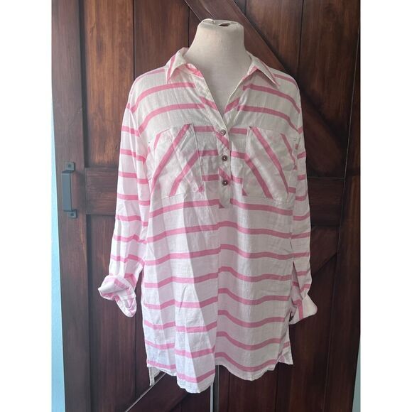 Soft Surroundings 100% Cotton Woven Long Sleeve Pink Stripe Tunic Top Women's L - Picture 1 of 10